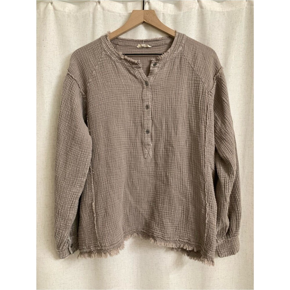 easel 100% Gauze Cotta Peasant Taupe-Like Button Henley Tunic Small